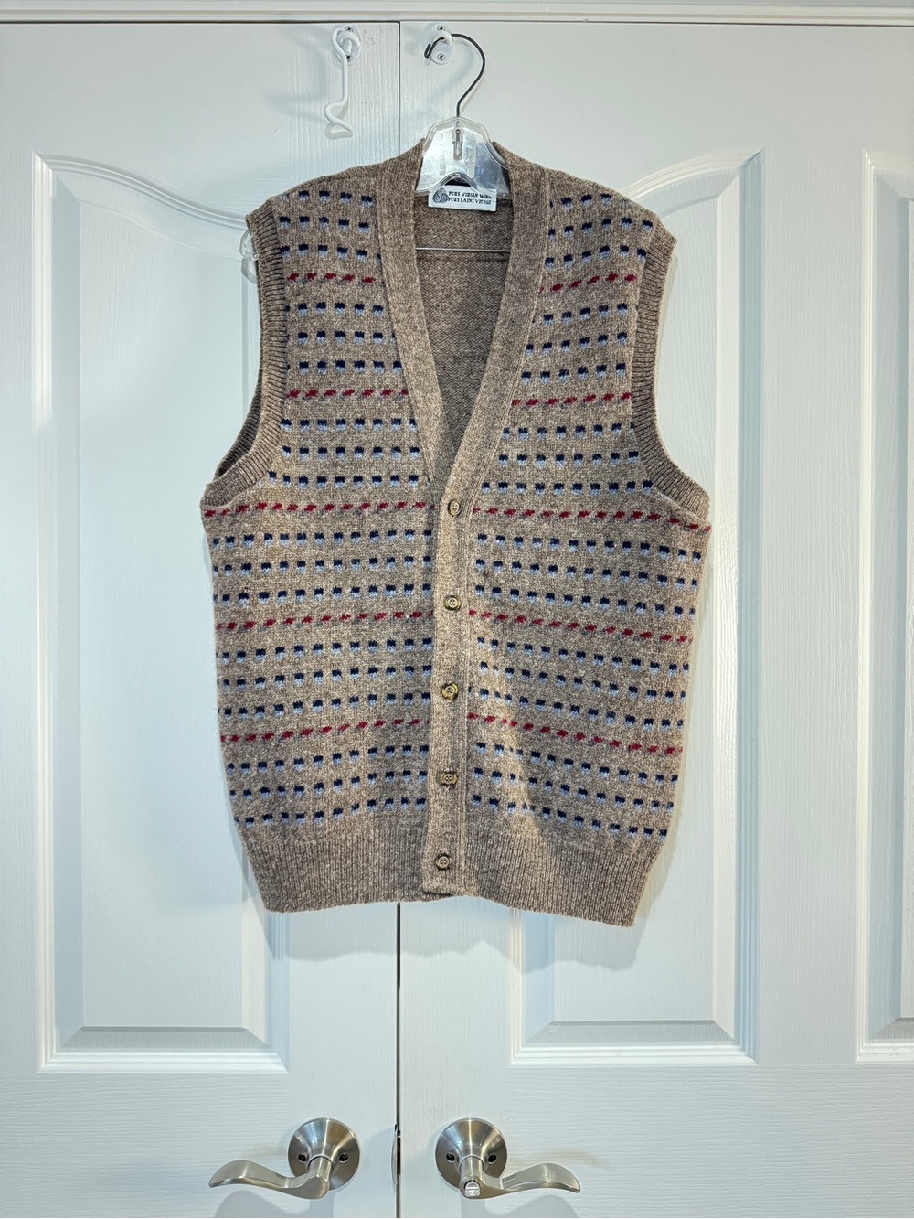 Jantzen Taupe Knit Button Vest with Navy & Burgundy Accents